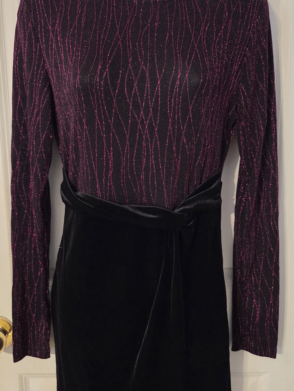 Black Velvet Long-Sleeve Dress with Sparkling Plum Bodice